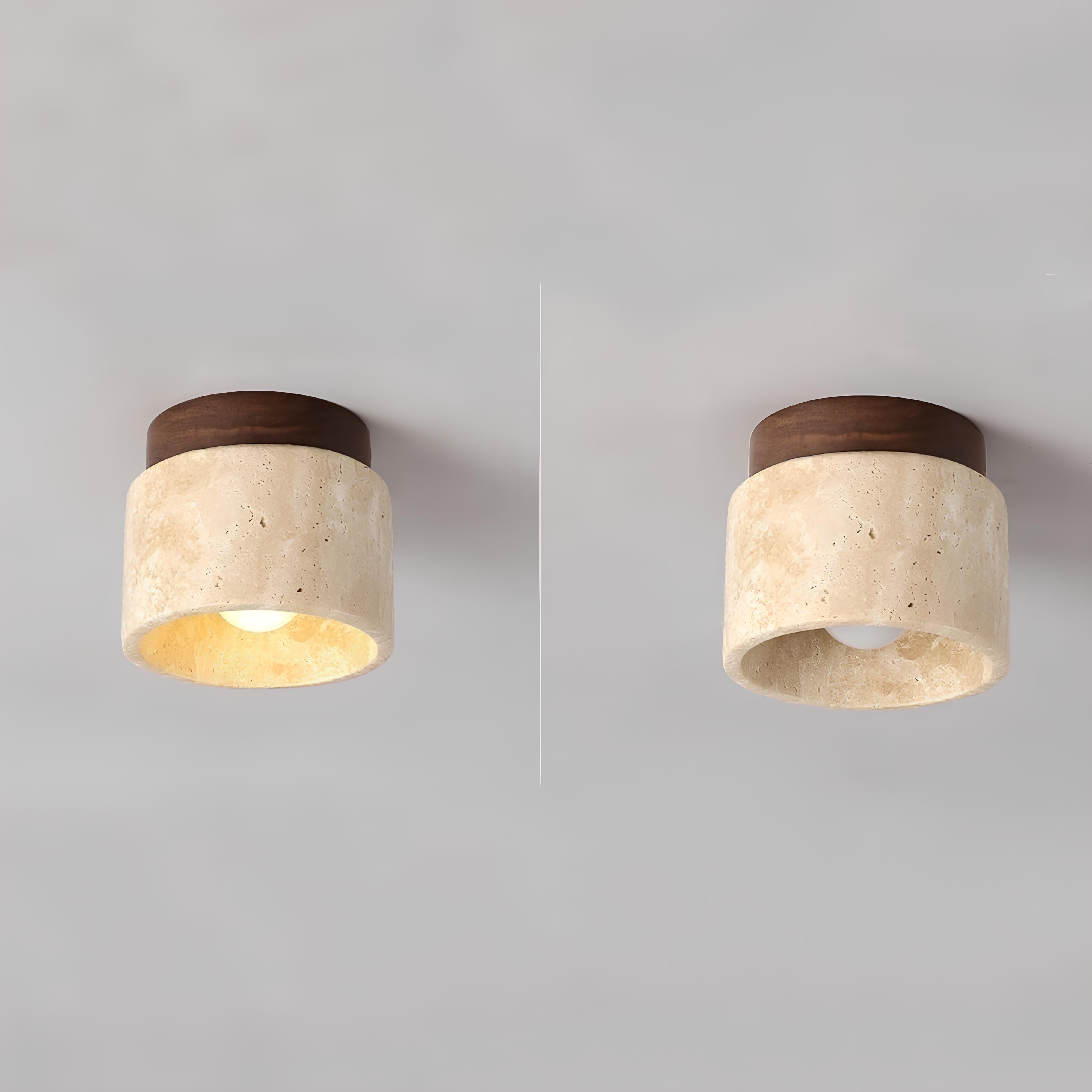 Travertine ceiling fixture with warm white LED for bedroom or hallway