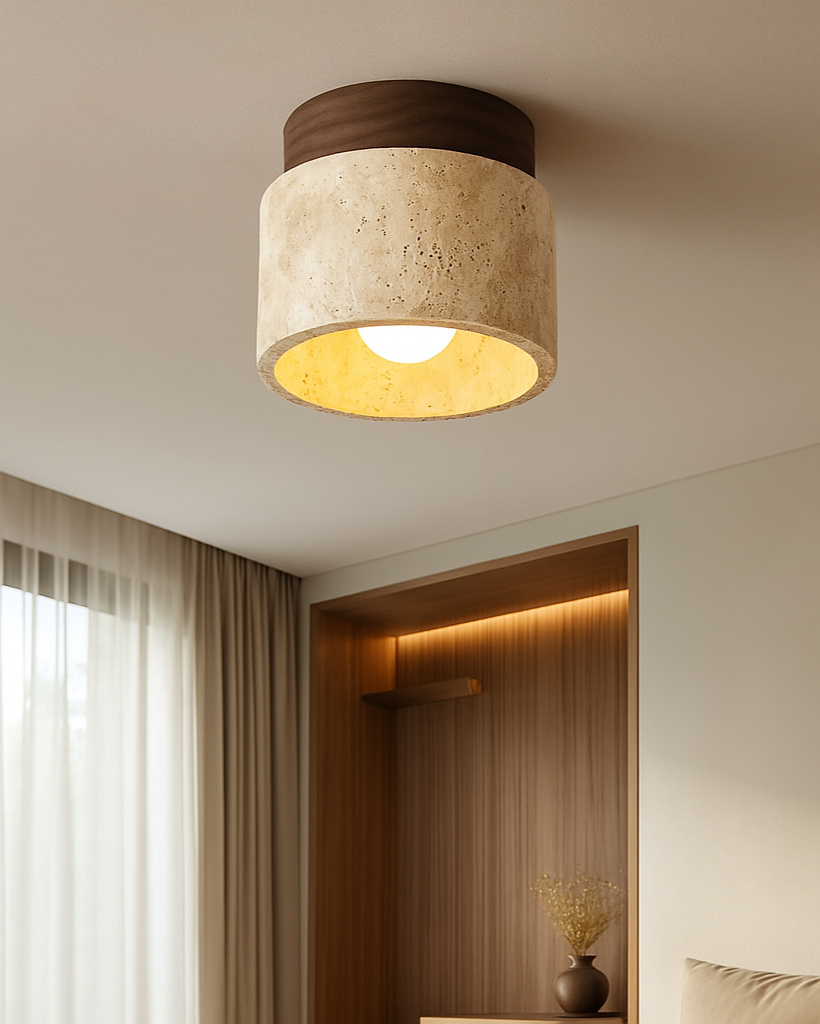 Wabi Sabi ceiling light with travertine base and soft LED glow