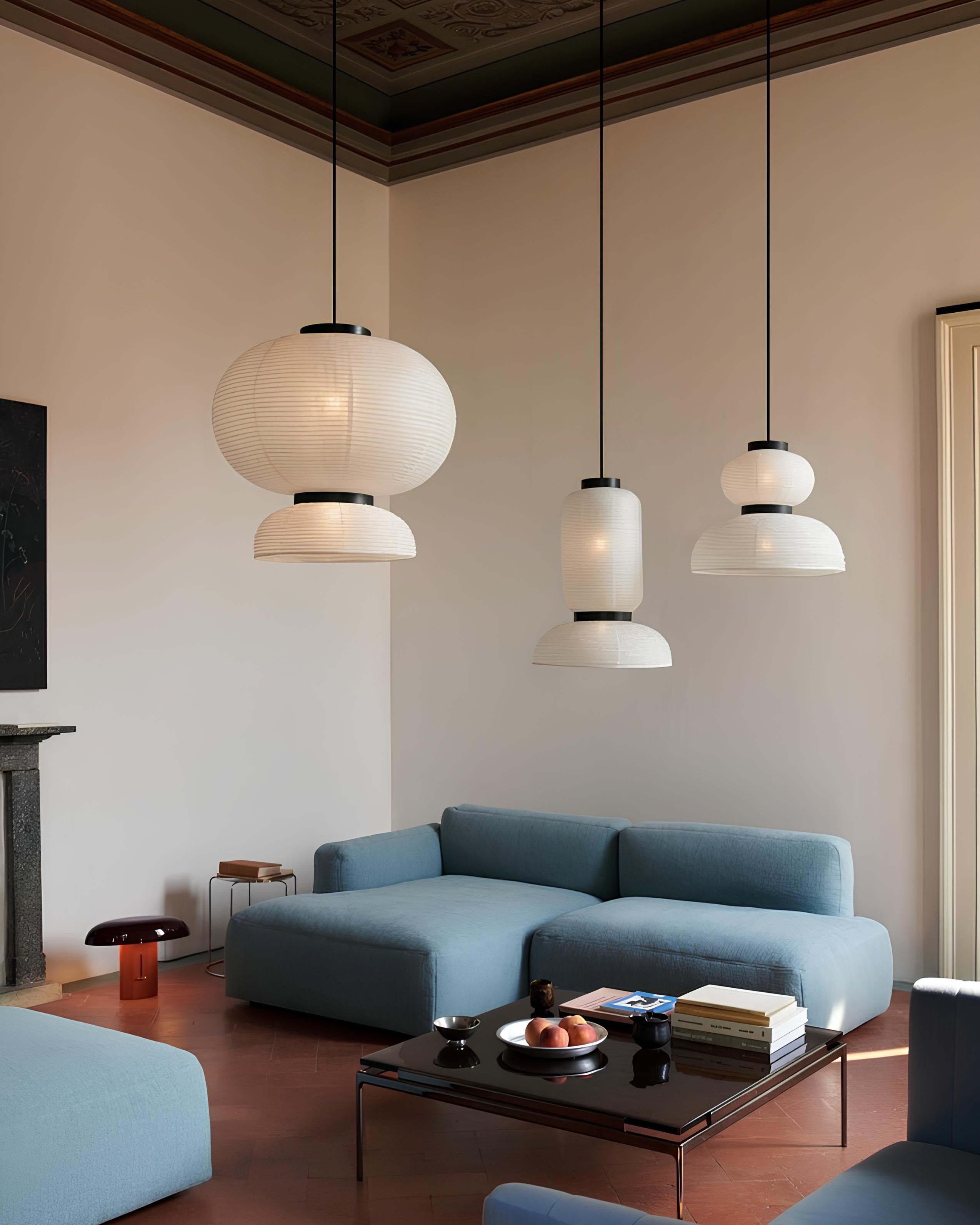 Set of 3 Japanese wabi-sabi rice paper pendant lights – soft warm glow for minimalist living spaces