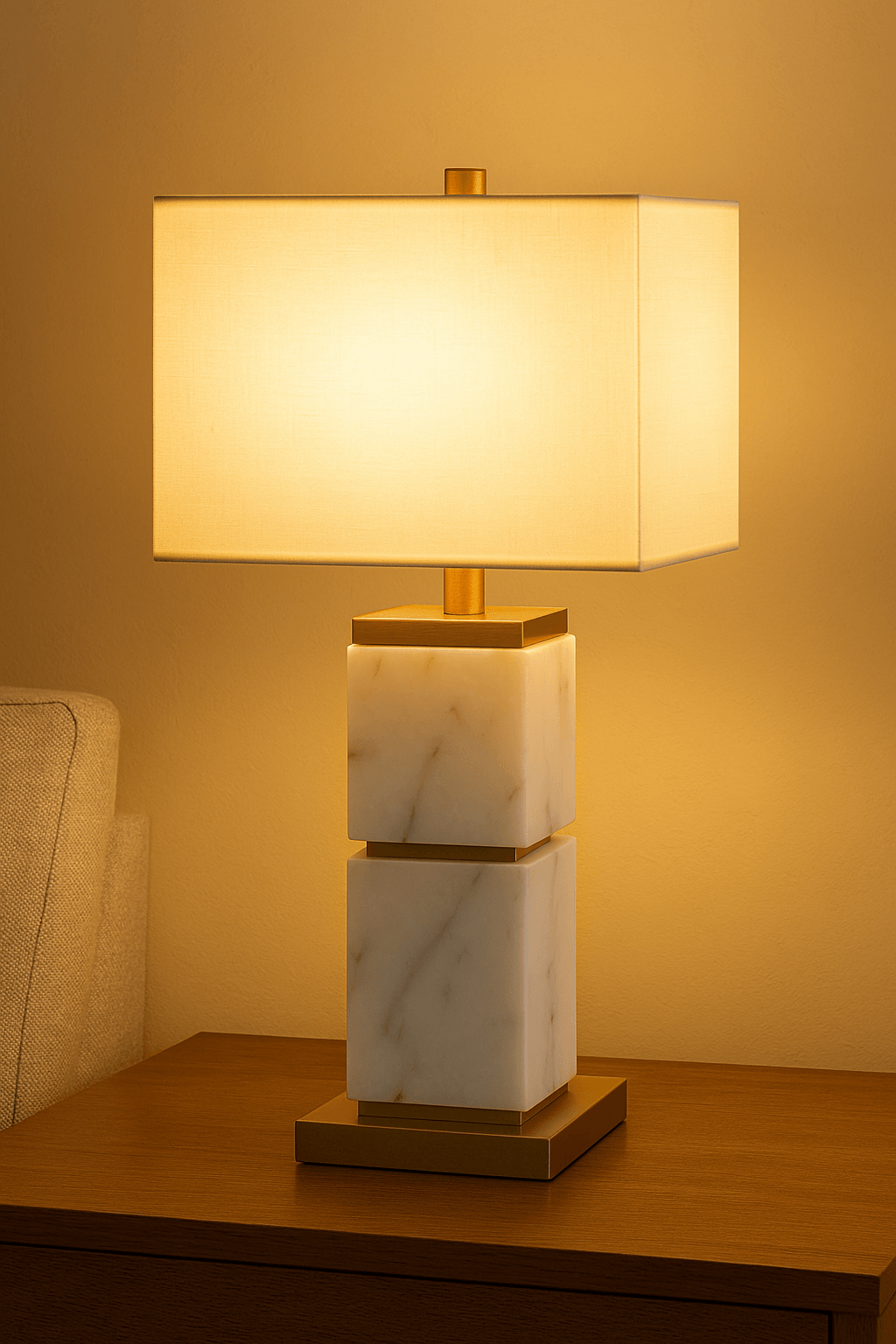 Warm LED light from fabric shade modern bedside lamp