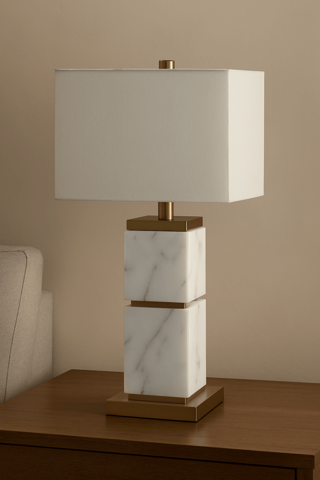 Close-up of marble base and gold frame of luxury table lamp