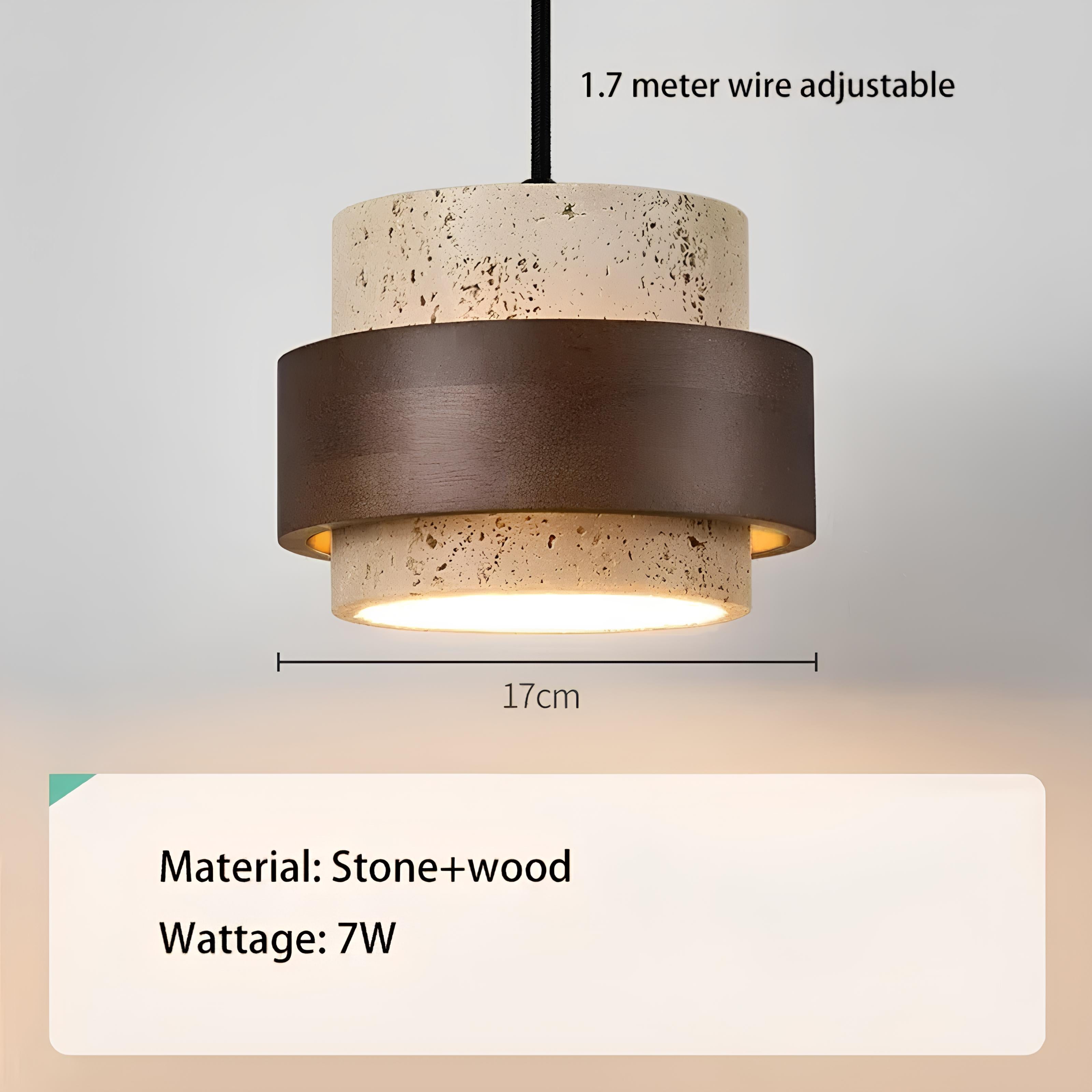 Close-up of yellow travertine lamp shade with walnut wood top