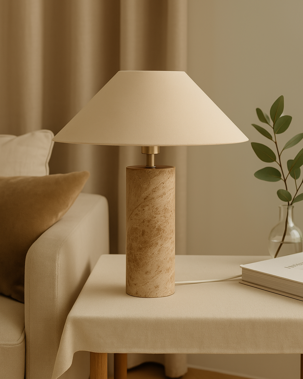 Travertine stone table lamp with fabric shade for bedside or desk