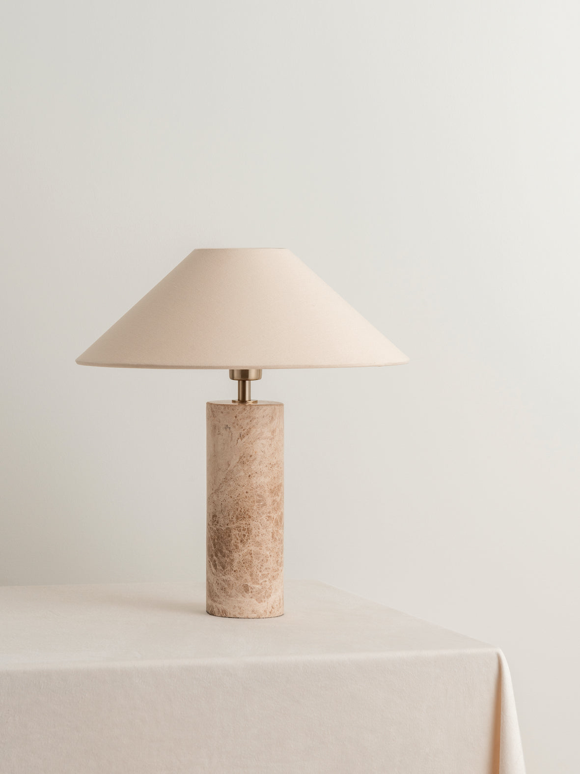 Terra Table Lamp – Travertine Stone Base with Fabric Shade - TheMinimalObject