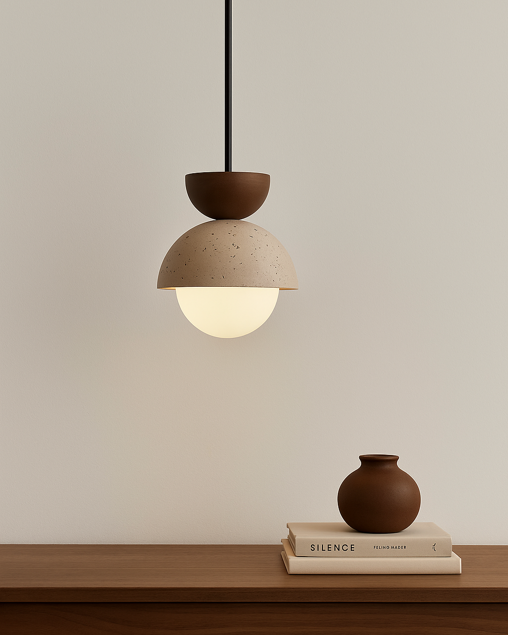 Minimalist yellow stone and walnut pendant light – warm LED lighting for dining tables and kitchen decor