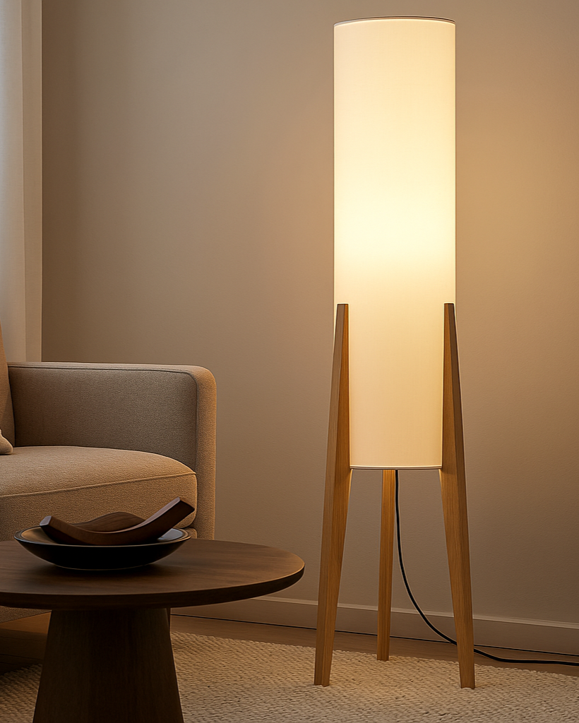 Toki floor lamp in natural wood lighting a reading corner