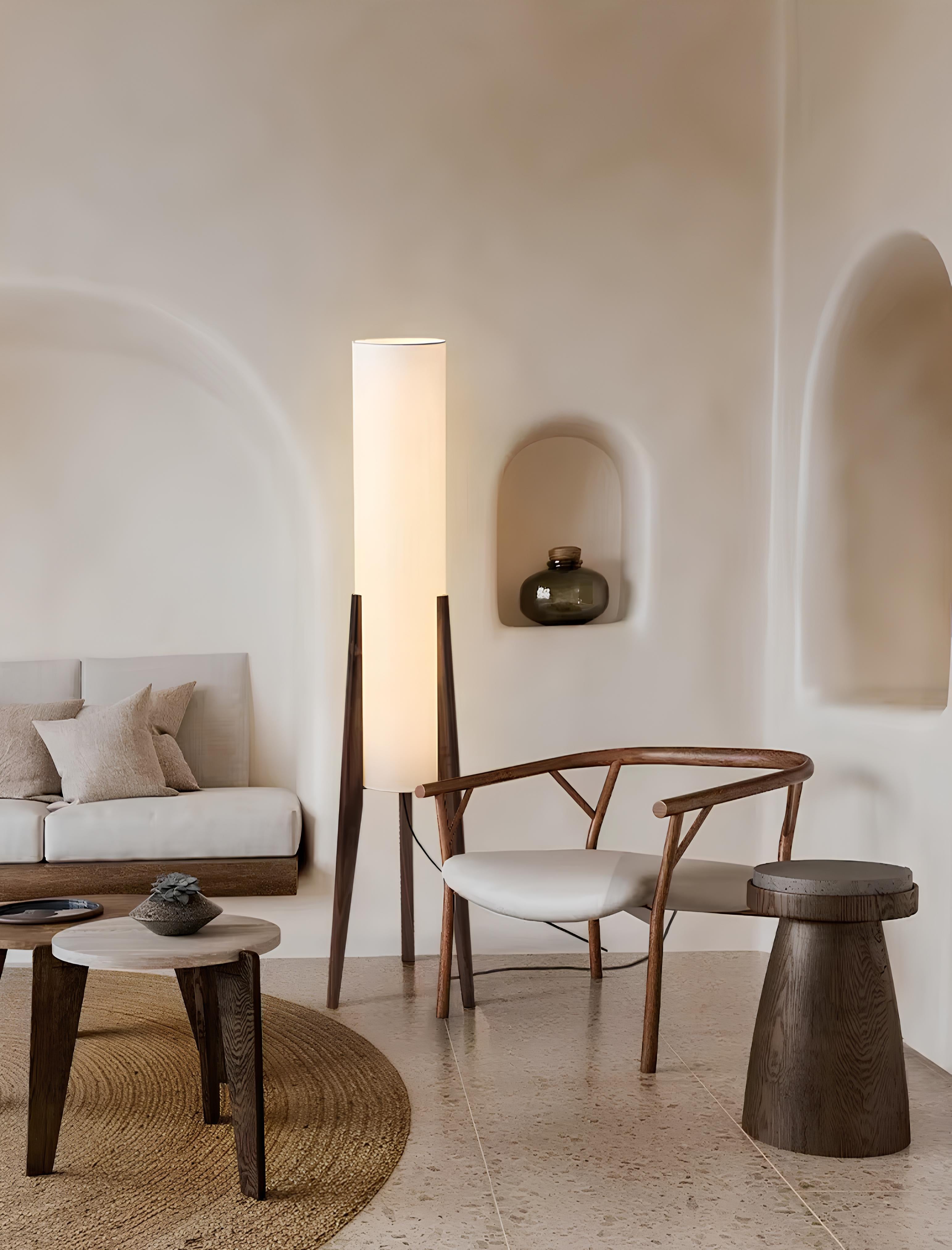 Elegant wooden floor lamp in study with soft ambient glow