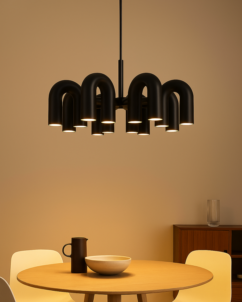 Tova U-shaped modern chandelier in black above dining table
